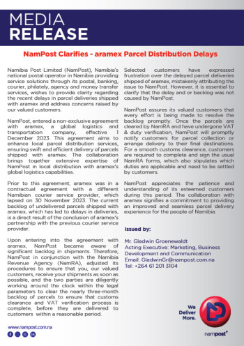 Media Release - NamPost Clarifies - aramex Parcel Distribution Delays