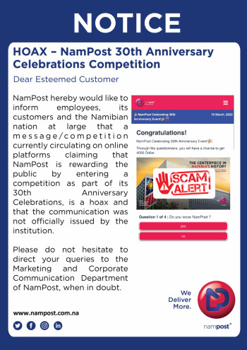 HOAX – NamPost 30th Anniversary Celebrations Competition